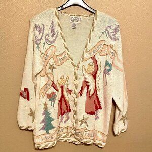 Vtg Stitches In Time Angels Oversized Cardigan Knit Sweater Embellished Size 1X